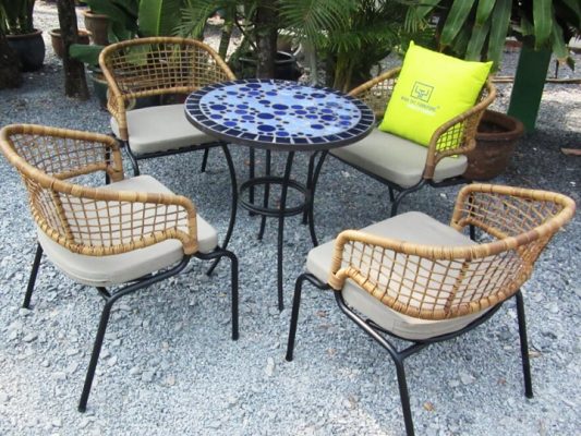 Bàn ghế cafe nhựa giả mây có đệm ngồi ngoài trời