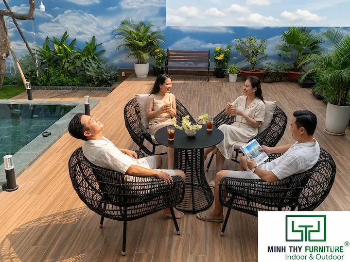 Bàn ghế cafe nhựa giả mây quán bền đẹp, giá xưởng, phù hợp quán cafe, resort, khách sạn. Giải pháp tiết kiệm chi phí đầu tư và vận hành 5 năm.